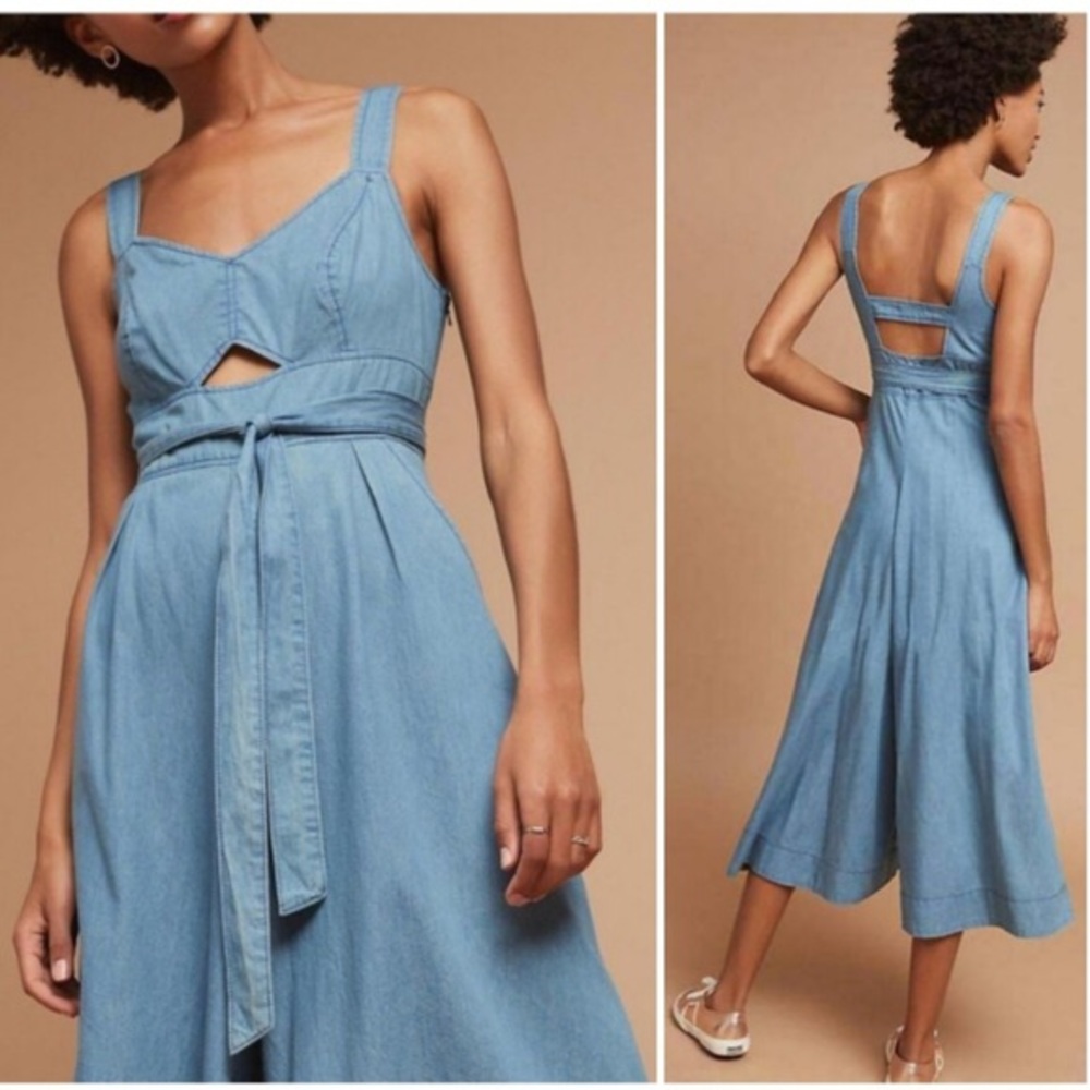 Anthropologie Chambray Cutout Wide-Leg Jumpsuit